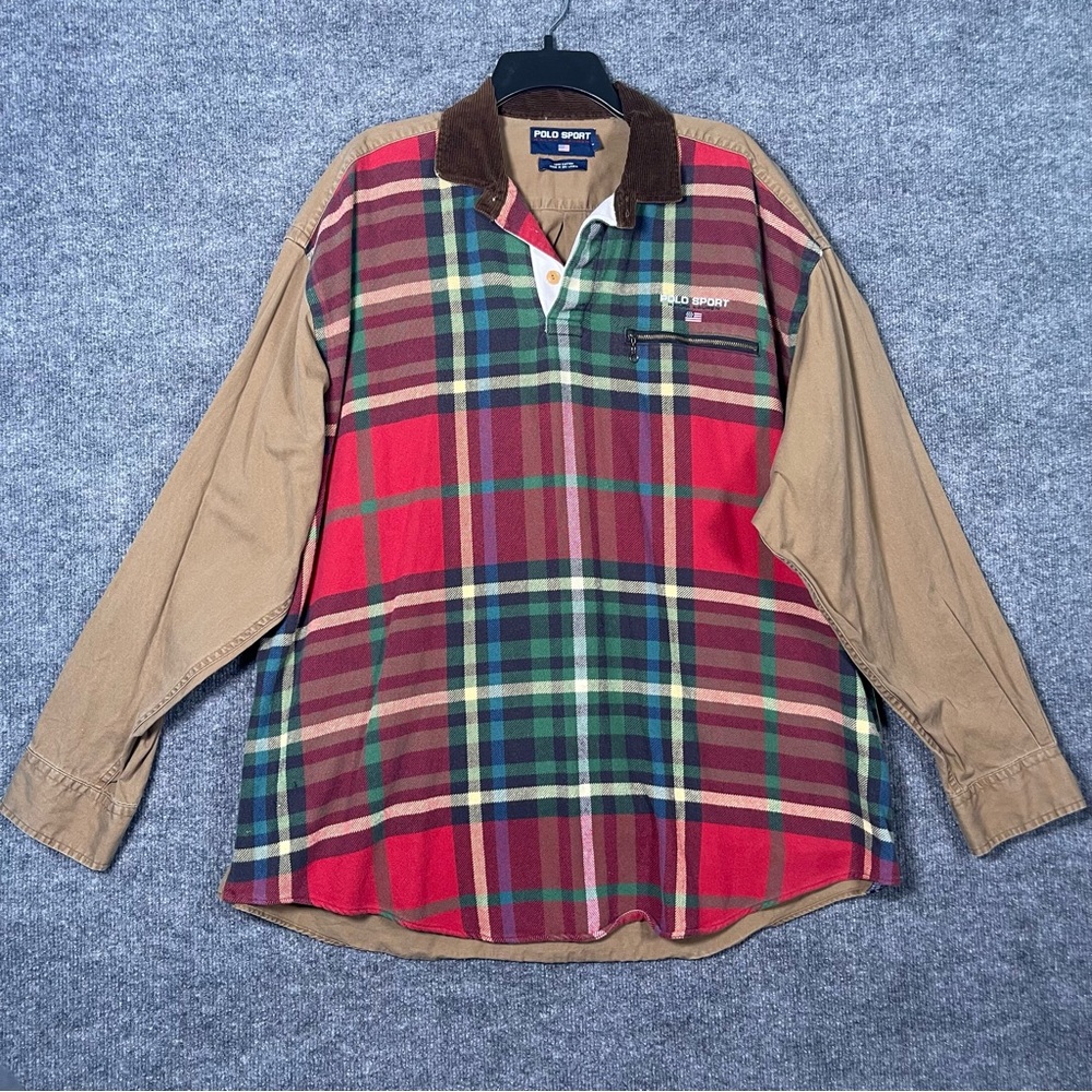 Vintage Polo Sport Men’s Large Brown Plaid Flannel Shacket Corduroy Collar Shirt